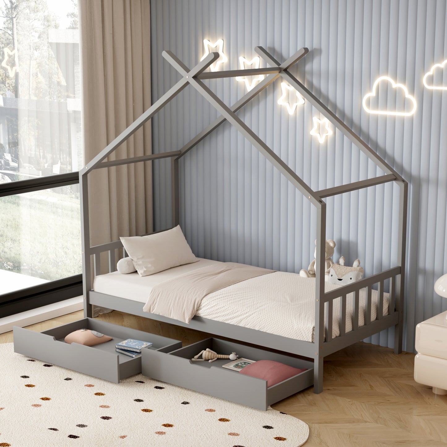 Bed For Kids Klarice Hm680.05 T.montessori-2 Drawers- Solid Pine Wood In Grey- 190x90cm.
