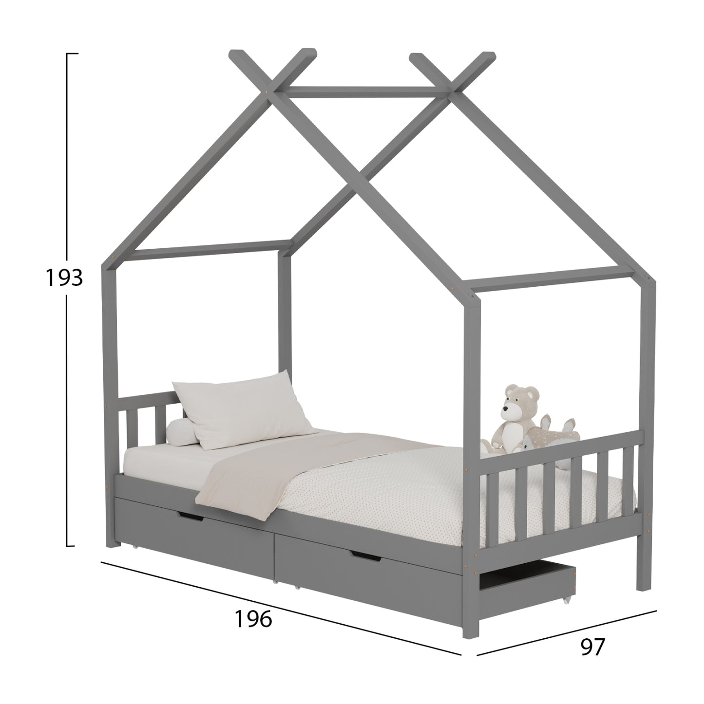 Bed For Kids Klarice Hm680.05 T.montessori-2 Drawers- Solid Pine Wood In Grey- 190x90cm.