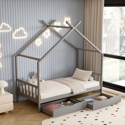 Bed For Kids Klarice Hm680.05 T.montessori-2 Drawers- Solid Pine Wood In Grey- 190x90cm.