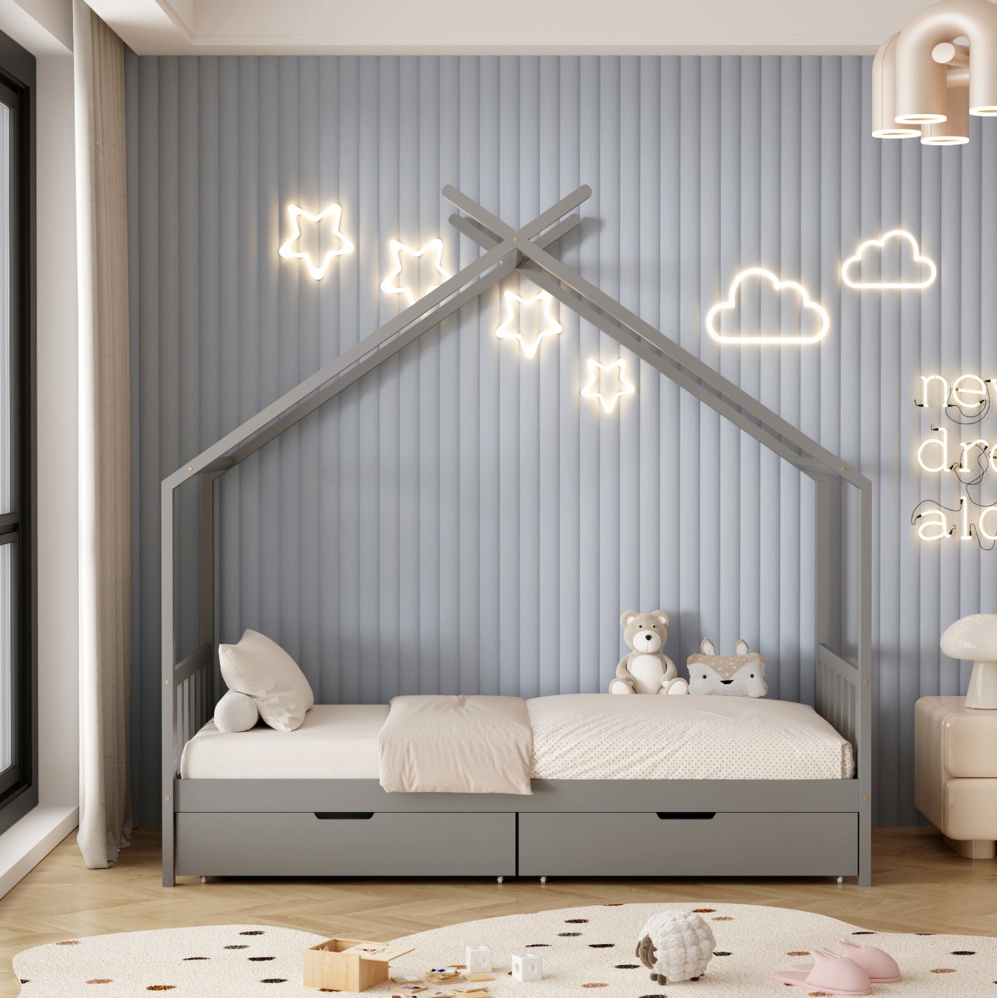 Bed For Kids Klarice Hm680.05 T.montessori-2 Drawers- Solid Pine Wood In Grey- 190x90cm.
