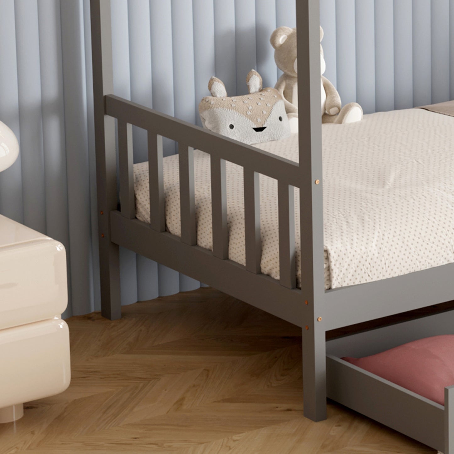 Bed For Kids Klarice Hm680.05 T.montessori-2 Drawers- Solid Pine Wood In Grey- 190x90cm.