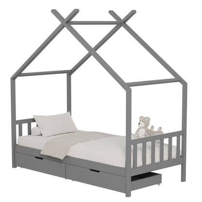 Bed For Kids Klarice Hm680.05 T.montessori-2 Drawers- Solid Pine Wood In Grey- 190x90cm.
