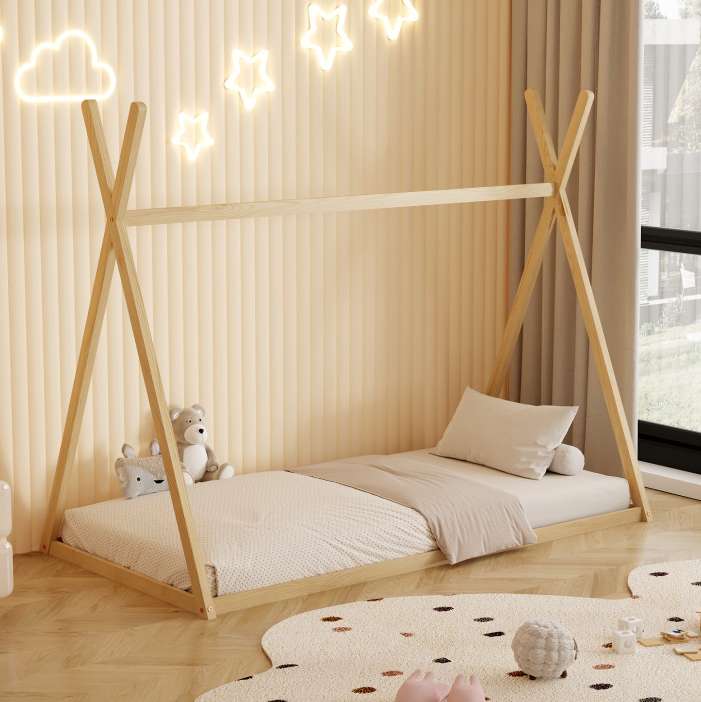 Bed For Kids Munk Hm681.01 T.montessori Solid Pine Wood In Natural For Mattress 190x90cm.