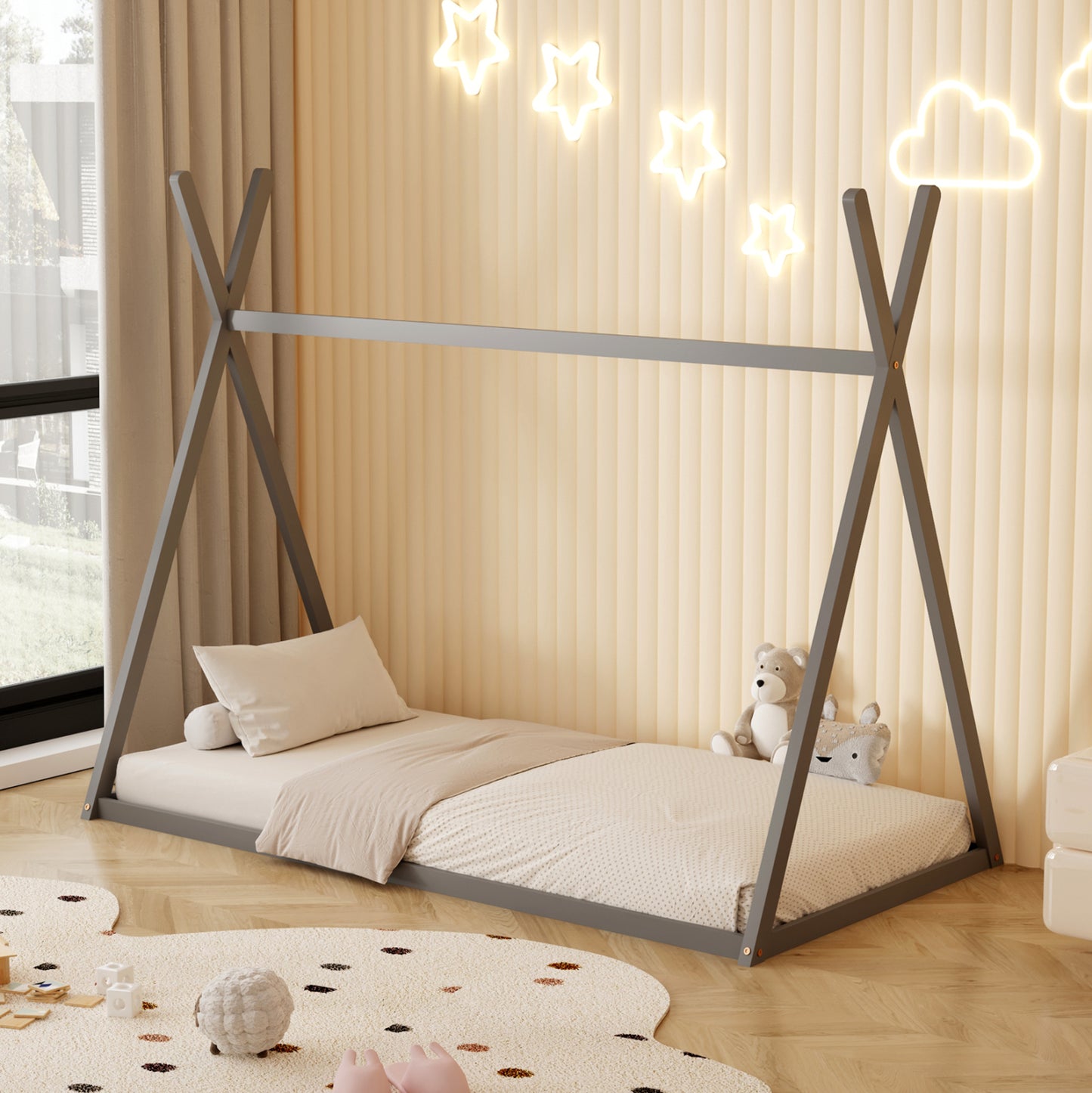 Bed For Kids Munk Hm681.05 T.montessori Solid Pine Wood In Grey- 190x90cm.
