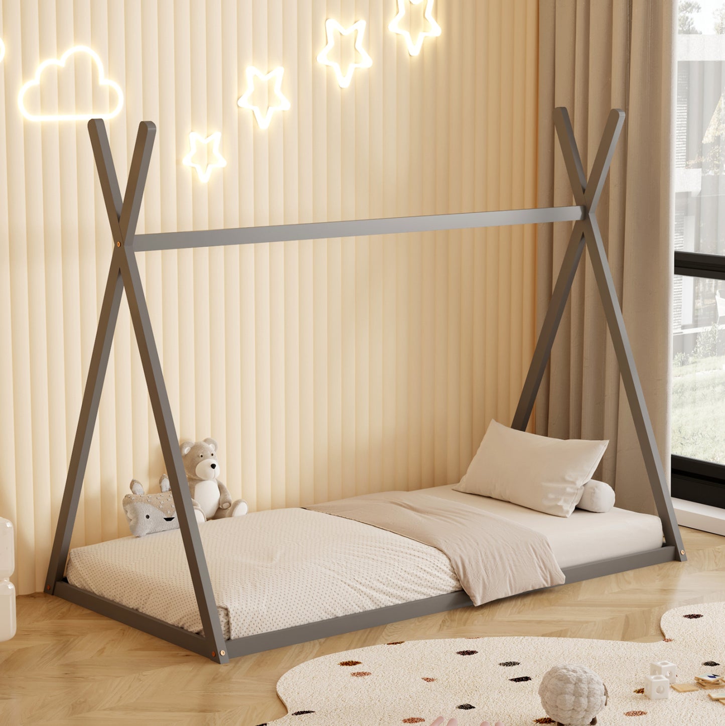 Bed For Kids Munk Hm681.05 T.montessori Solid Pine Wood In Grey- 190x90cm.
