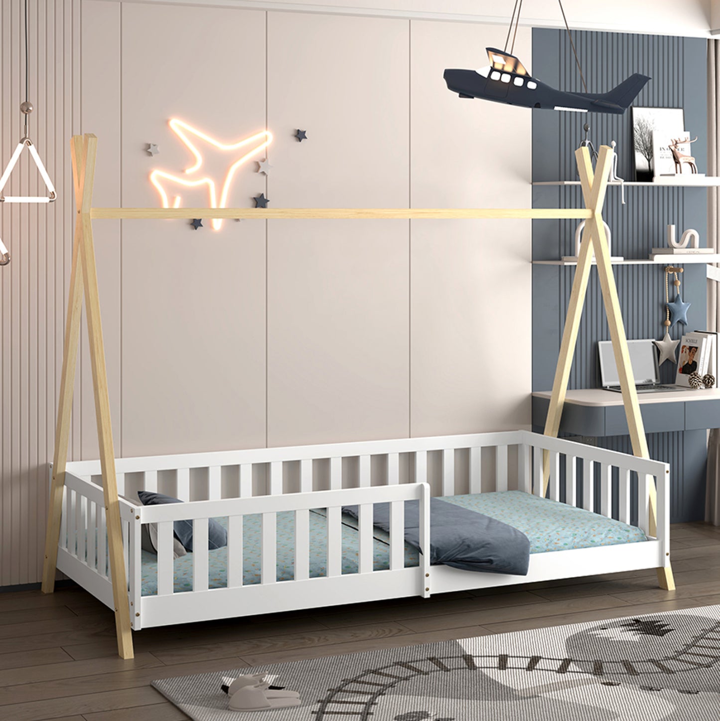 Bed With Railings Munk Hm21325 Pine Wood In Natural Wood/white Color--with Mattress 90x190cm