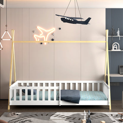 Bed With Railings Munk Hm21325 Pine Wood In Natural Wood/white Color--with Mattress 90x190cm