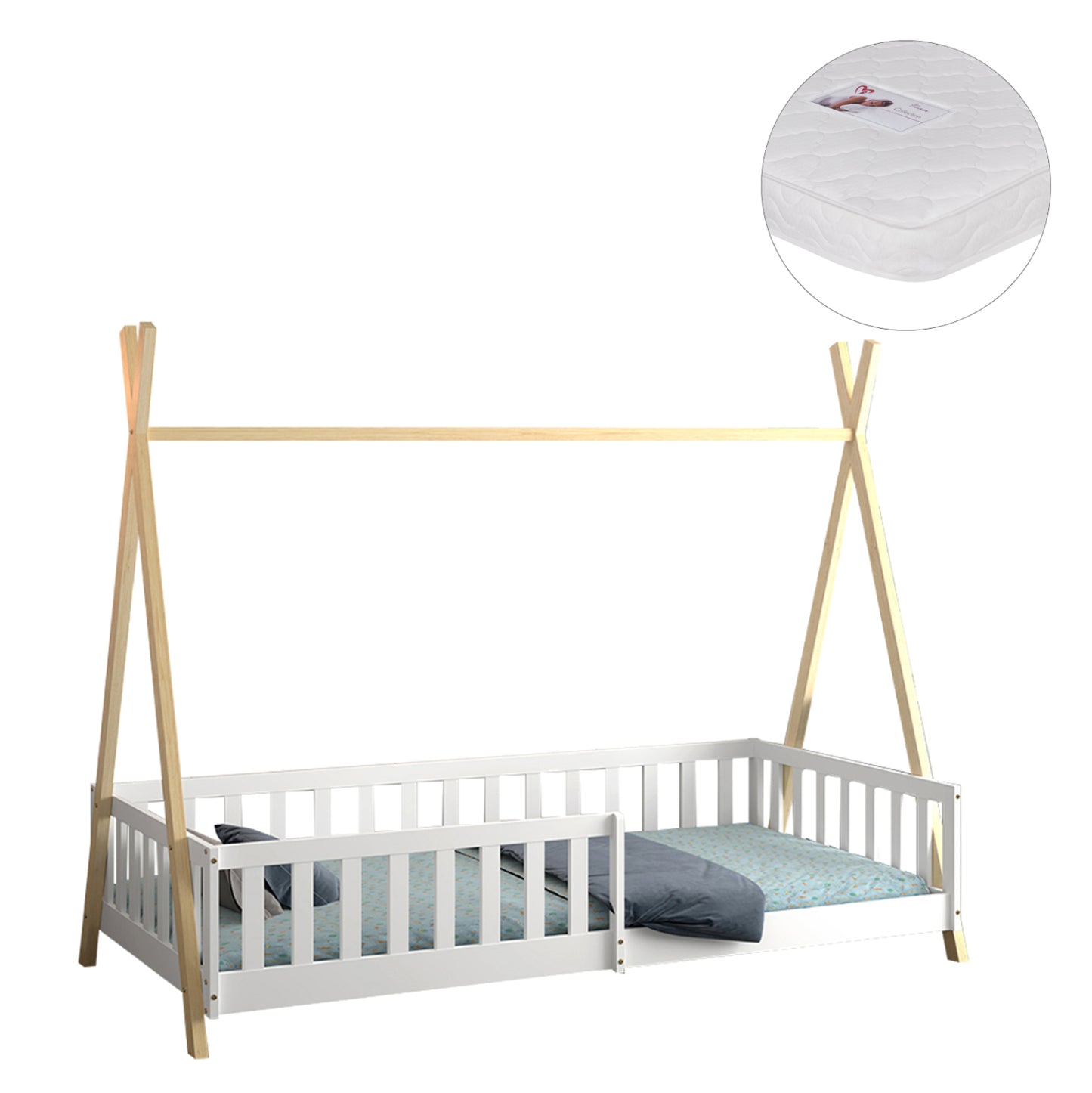 Bed With Railings Munk Hm21325 Pine Wood In Natural Wood/white Color--with Mattress 90x190cm