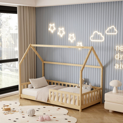 Bed For Kids With Fence Phyllis Hm679.01 T.montessori Solid Pine Wood In Natural- 190x90cm.