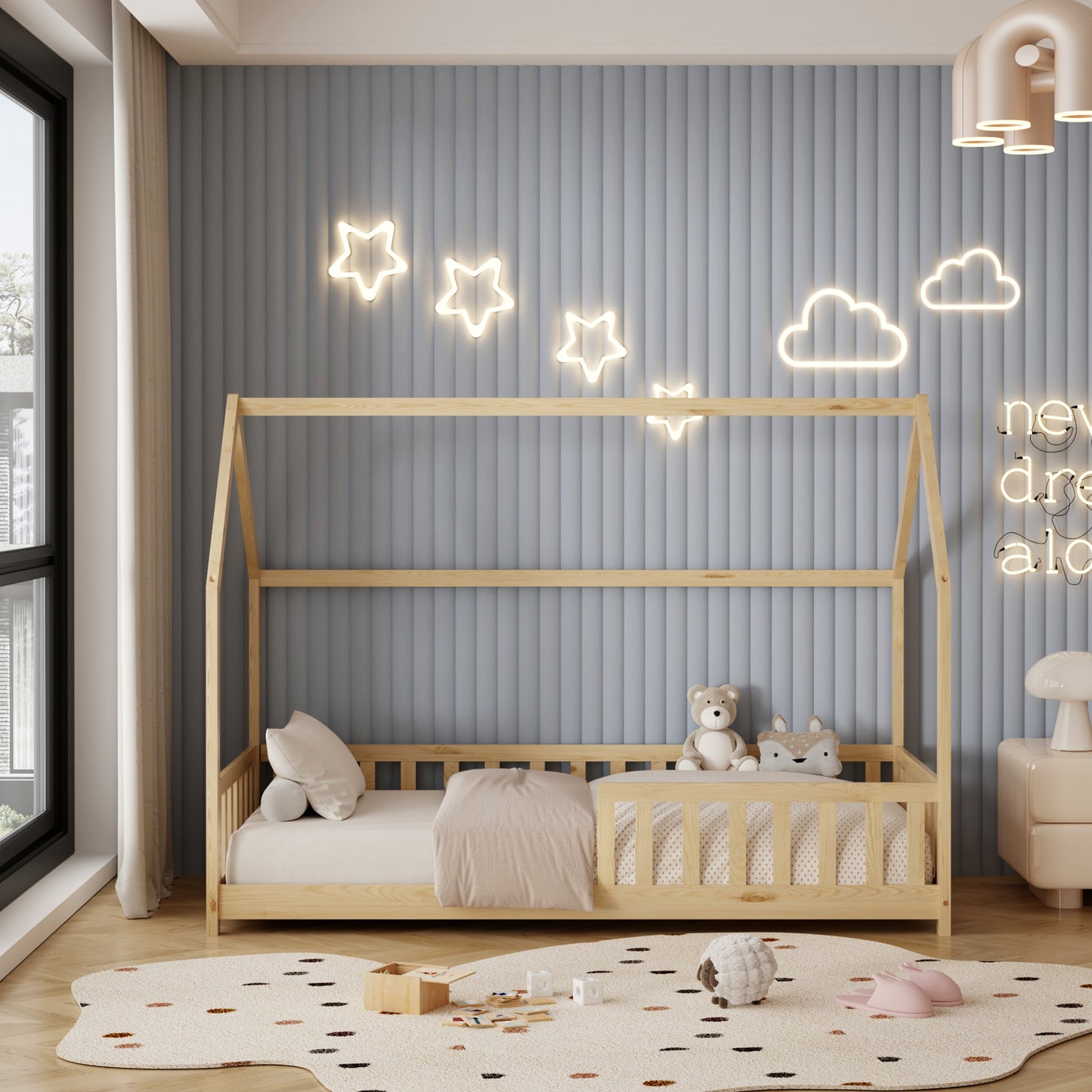 Bed For Kids With Fence Phyllis Hm679.01 T.montessori Solid Pine Wood In Natural- 190x90cm.