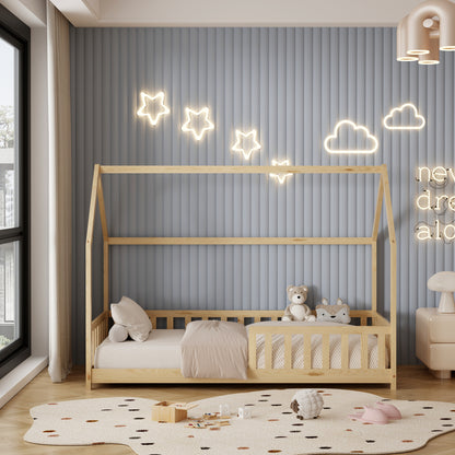 Bed For Kids With Fence Phyllis Hm679.01 T.montessori Solid Pine Wood In Natural- 190x90cm.