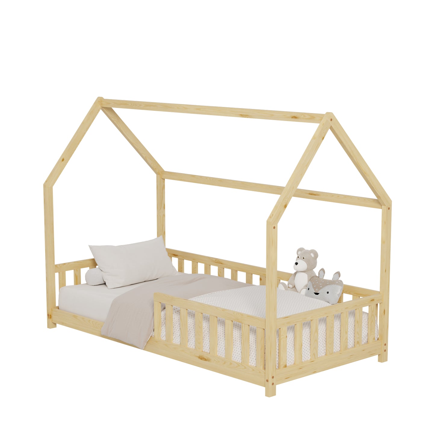 Bed For Kids With Fence Phyllis Hm679.01 T.montessori Solid Pine Wood In Natural- 190x90cm.