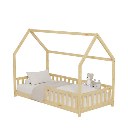 Bed For Kids With Fence Phyllis Hm679.01 T.montessori Solid Pine Wood In Natural- 190x90cm.