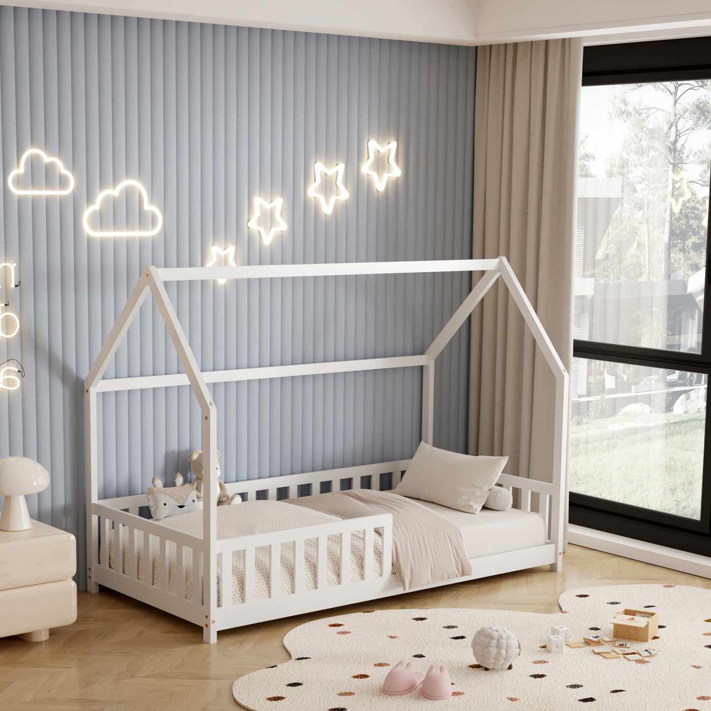 Bed For Kids With Fence Phyllis Hm679.03 T.montessori Solid Pine Wood In White- 190x90cm.