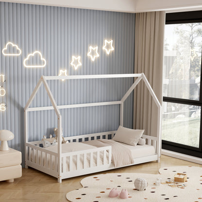 Bed For Kids With Fence Phyllis Hm679.03 T.montessori Solid Pine Wood In White- 190x90cm.