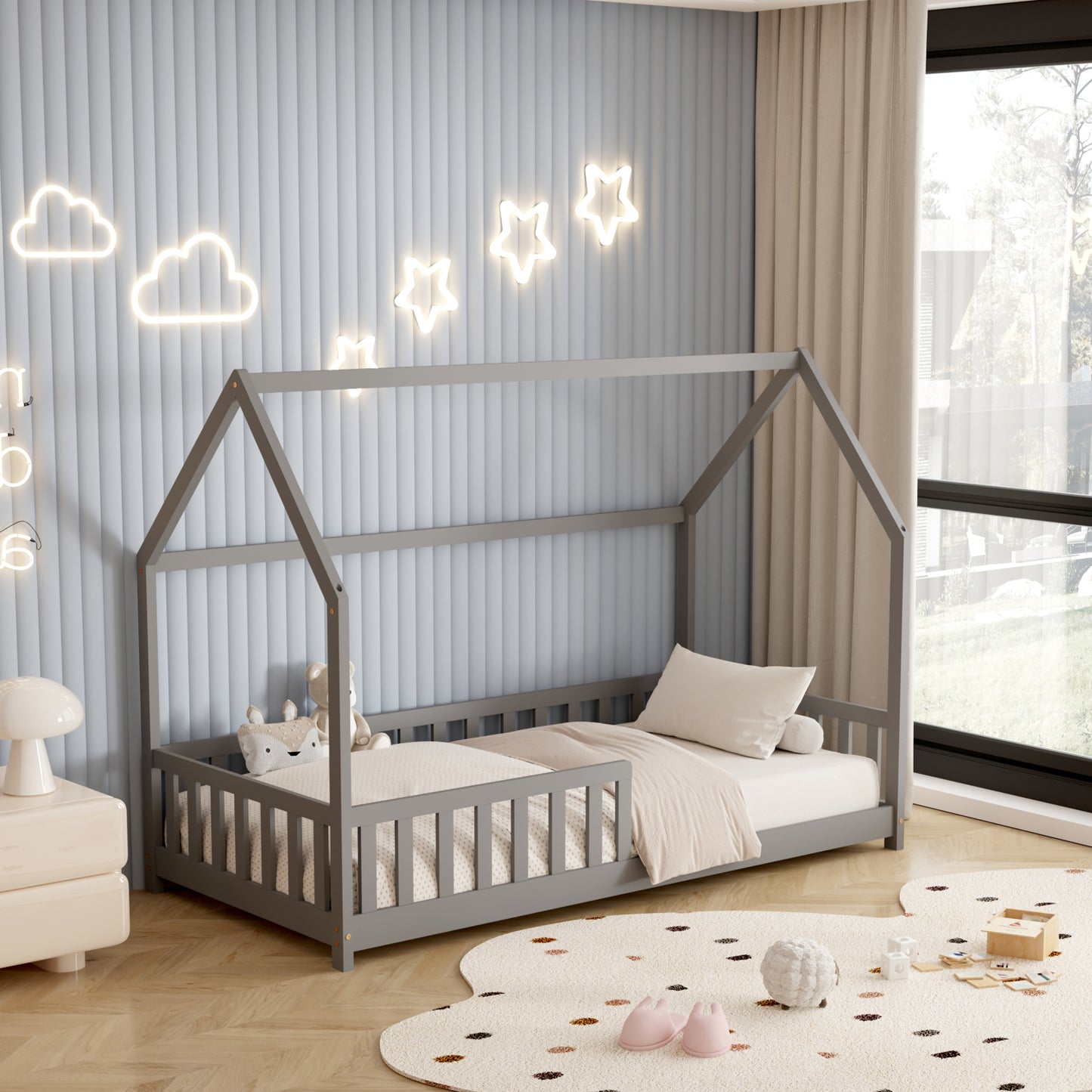 Bed For Kids With Fence Phyllis Hm679.05 T.montessori Solid Pine Wood In Grey- 190x90cm.