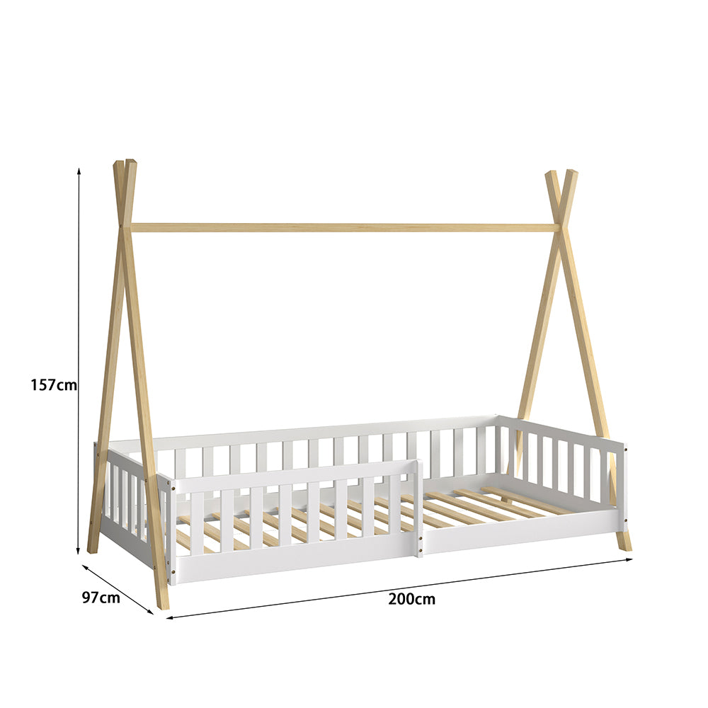 Bed For Kids With Railing Munk Hm739.03 T.montessori-pine Wood In Natural-white For Mattress 190x90cm.