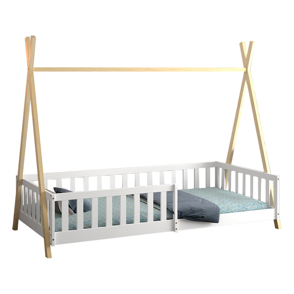 Bed For Kids With Railing Munk Hm739.03 T.montessori-pine Wood In Natural-white For Mattress 190x90cm.