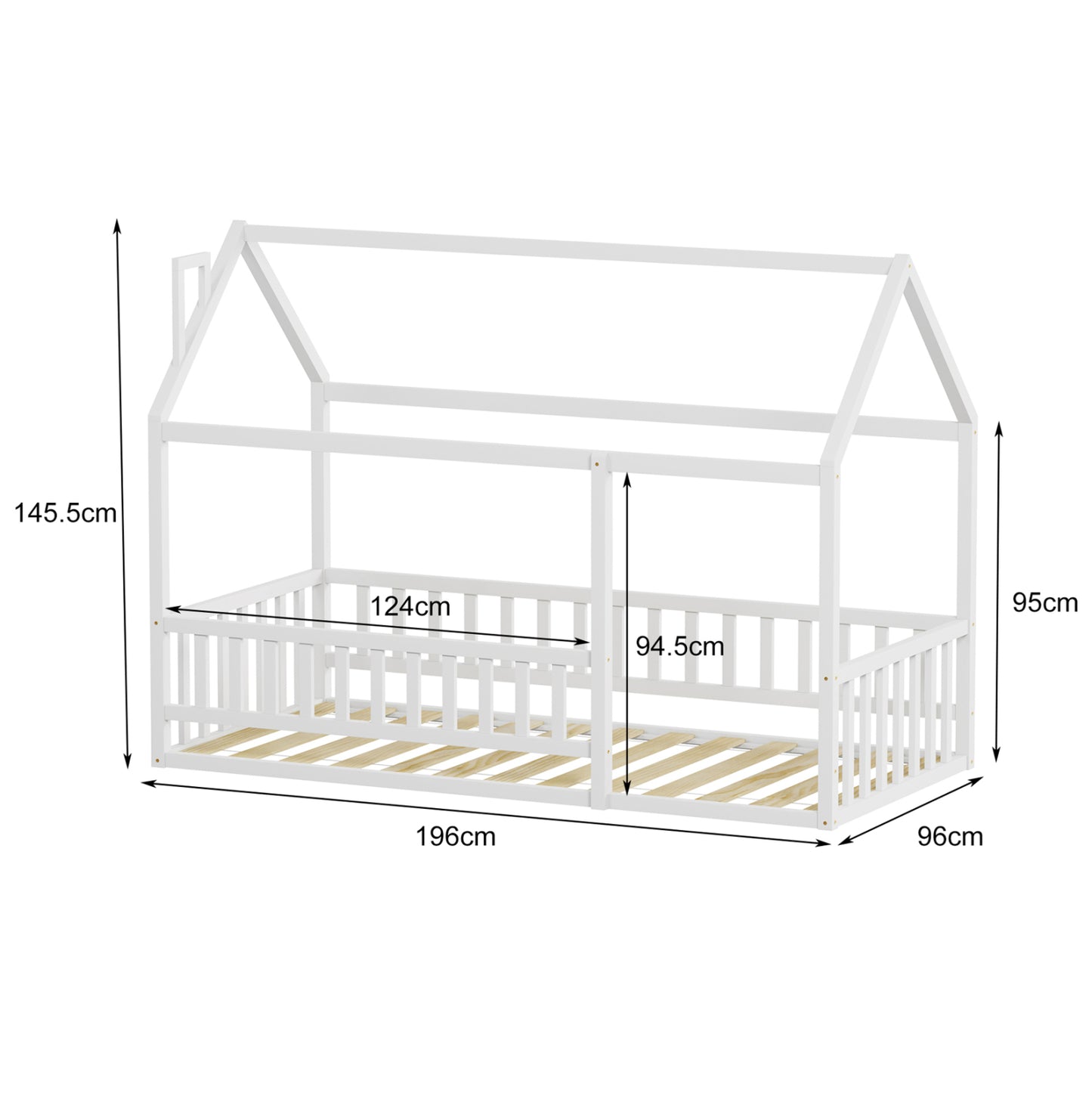 Bed For Kids With Railings Houser Hm706.03 T.montessori Solid Pine Wood In White- 190x90cm.