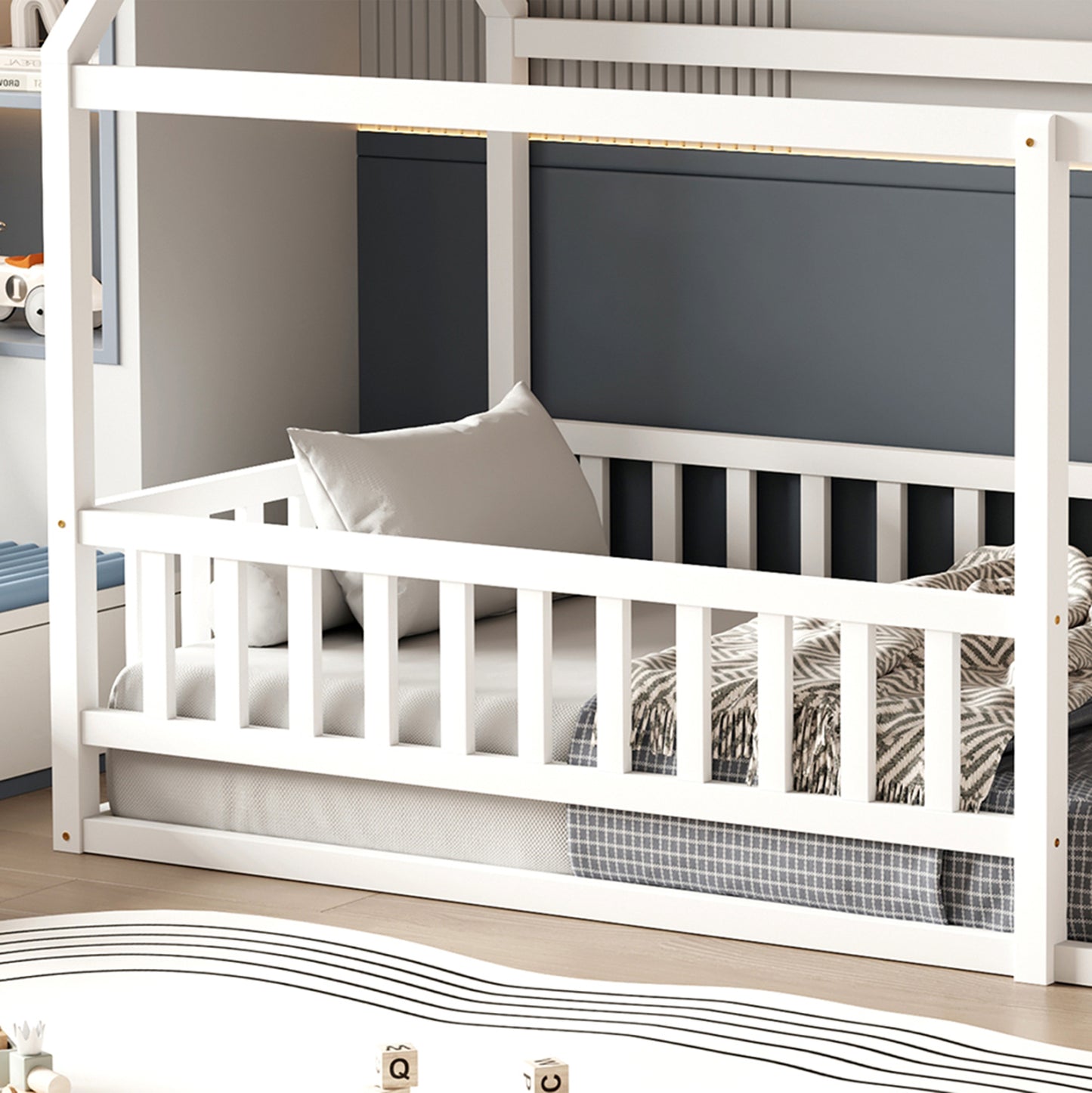 Bed For Kids With Railings Houser Hm706.03 T.montessori Solid Pine Wood In White- 190x90cm.