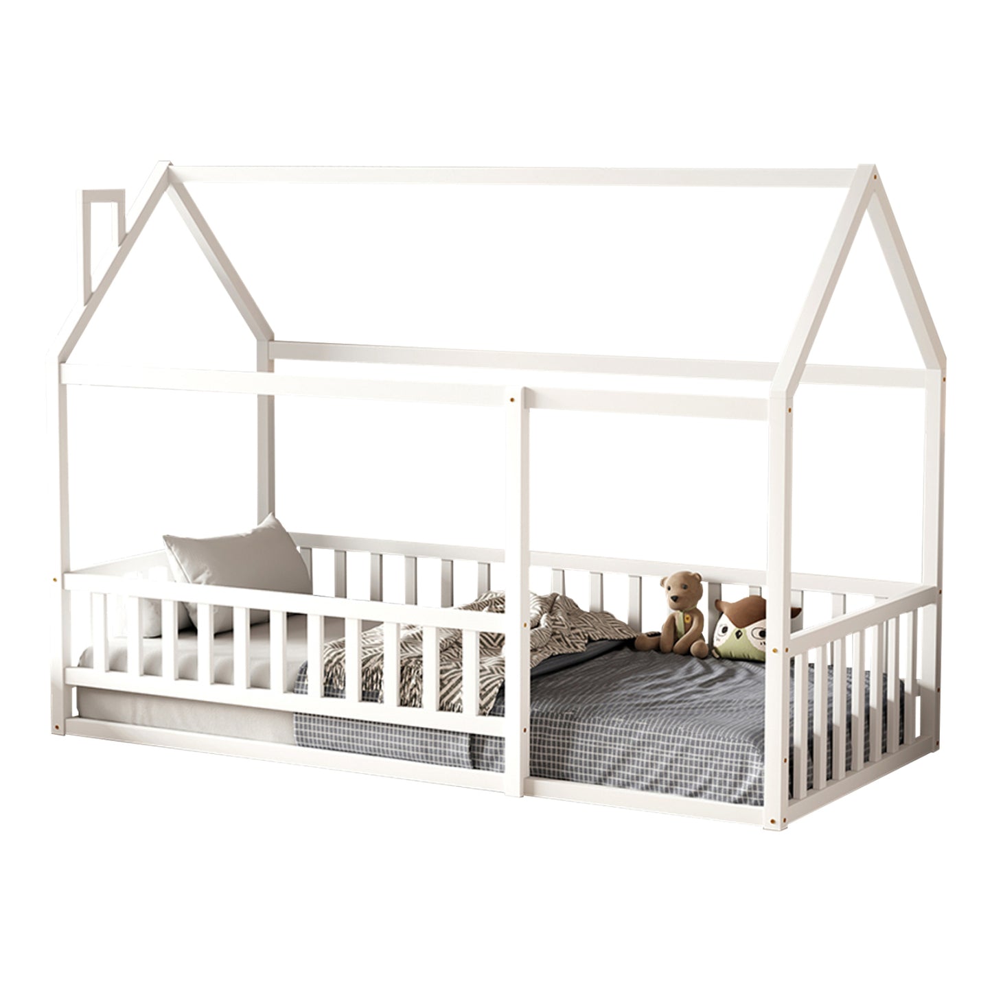 Bed For Kids With Railings Houser Hm706.03 T.montessori Solid Pine Wood In White- 190x90cm.
