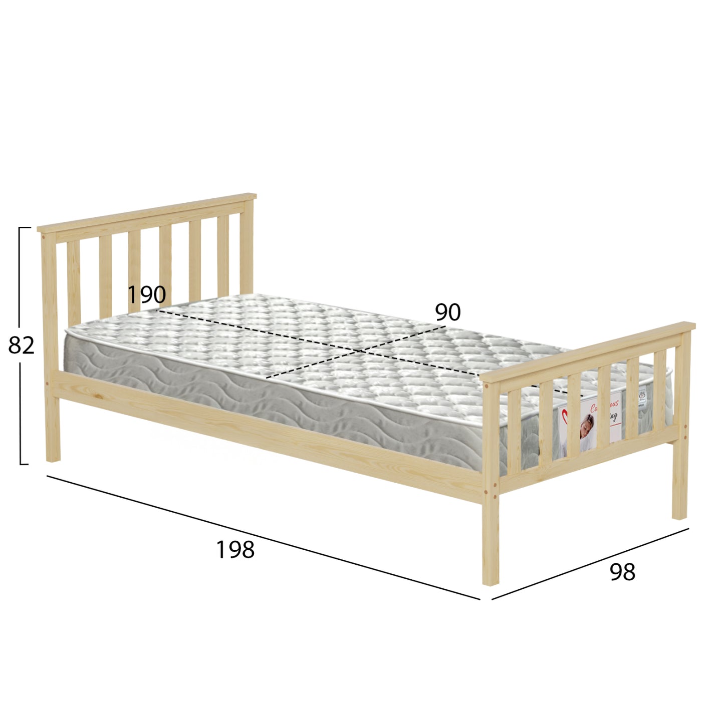 Bed With Mattress Gimly Hm21300 Pine Wood In Natural Color For Mattress 90x190cm