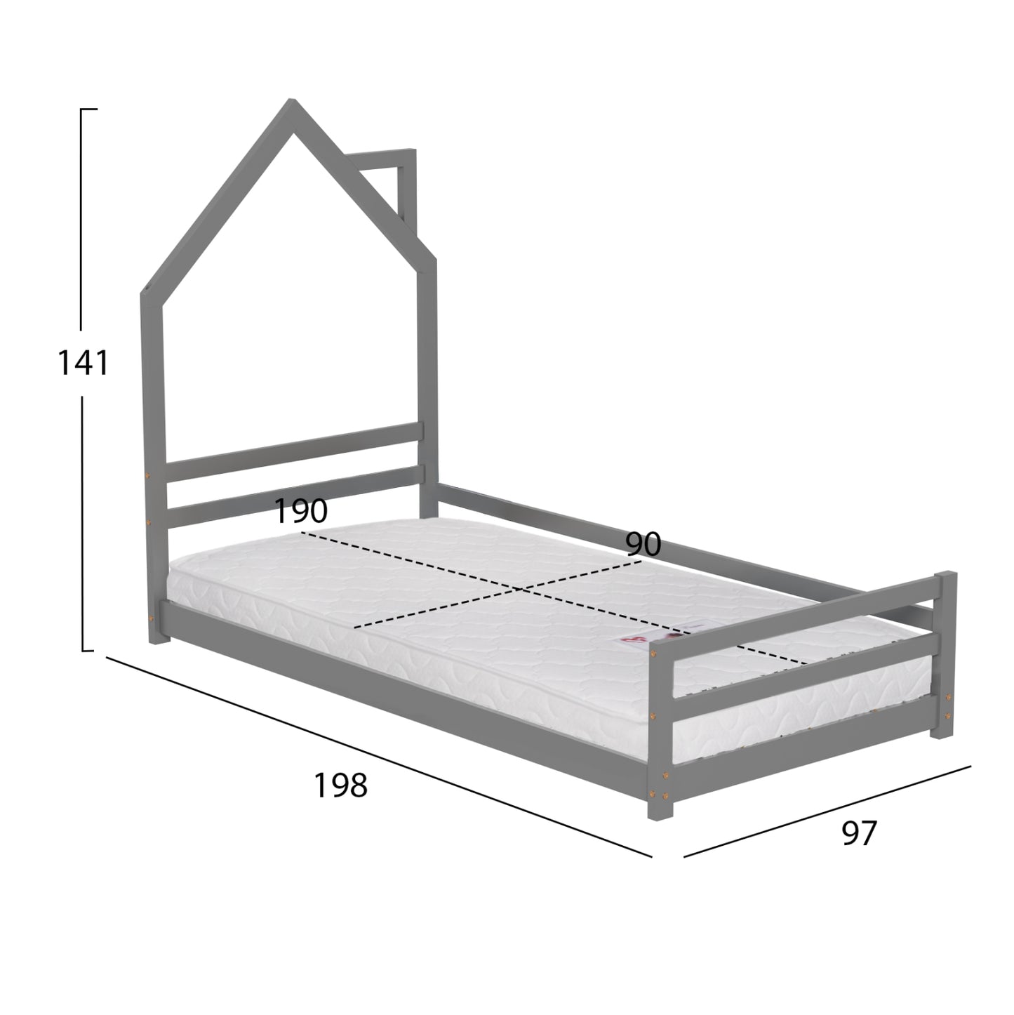 Bed With Mattress Houser Hm21301.01 Pine Wood In Grey Color--mattress 90x190cm