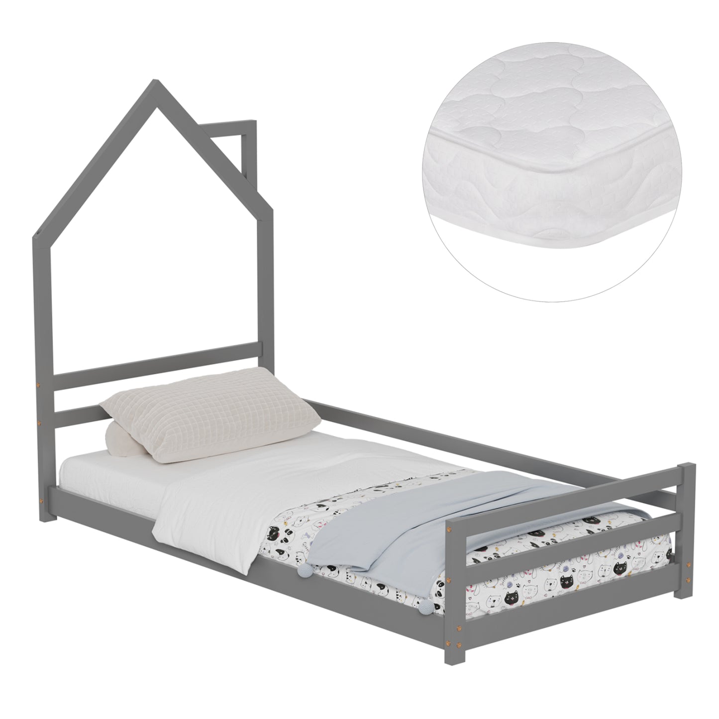 Bed With Mattress Houser Hm21301.01 Pine Wood In Grey Color--mattress 90x190cm