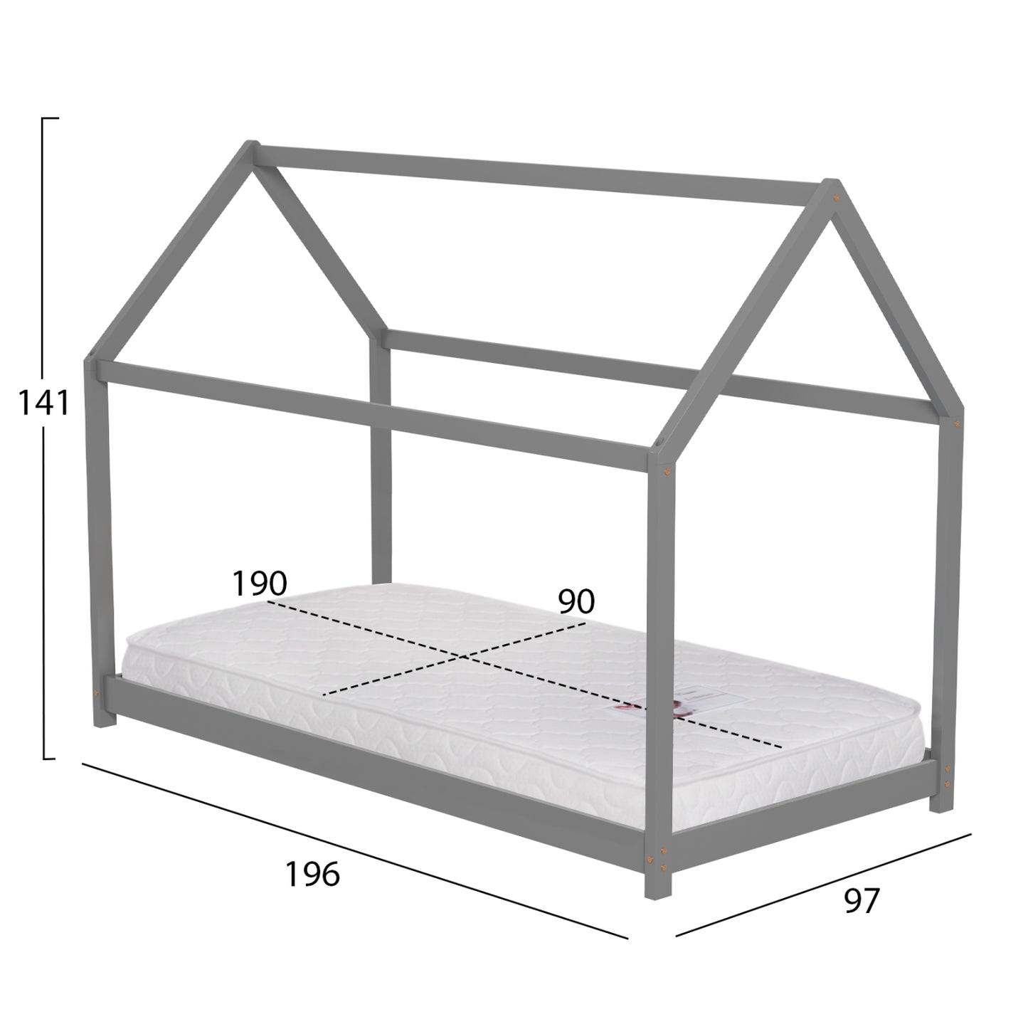 Bed With Mattress Pepe Hm21302.02 Pine Wood In Grey Color--mattress 90x190cm