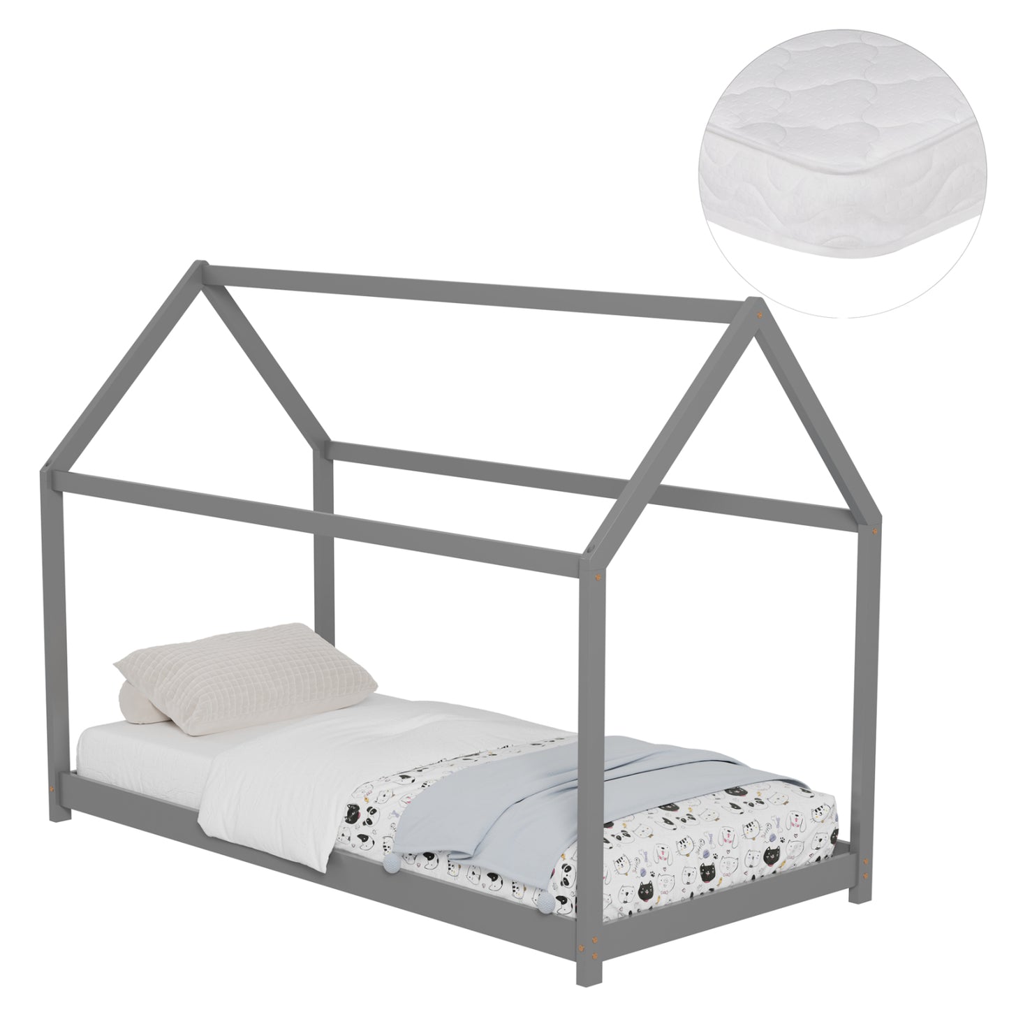 Bed With Mattress Pepe Hm21302.02 Pine Wood In Grey Color--mattress 90x190cm