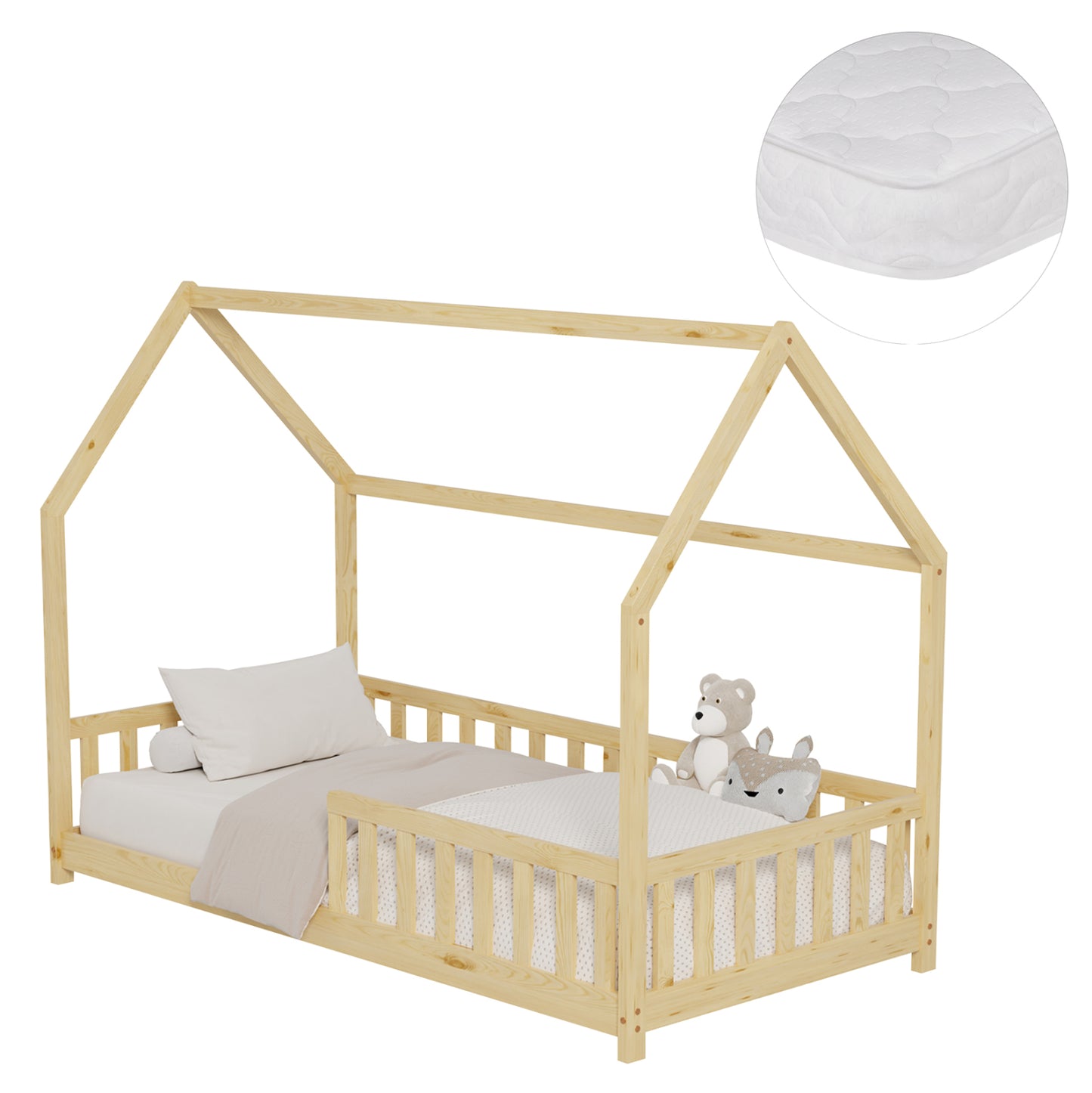 Bed With Mattress Phyllis Hm21304 Pine Wood In Natural Wood Color--mattress 90x190cm