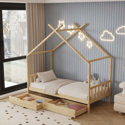 Bed With Mattress Klarice Hm21305 Pine Wood In Natural Wood Color--mattress 90x190cm
