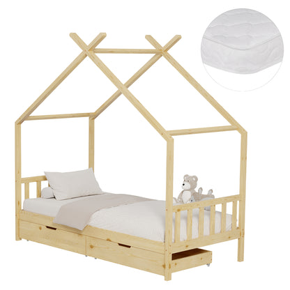 Bed With Mattress Klarice Hm21305 Pine Wood In Natural Wood Color--mattress 90x190cm