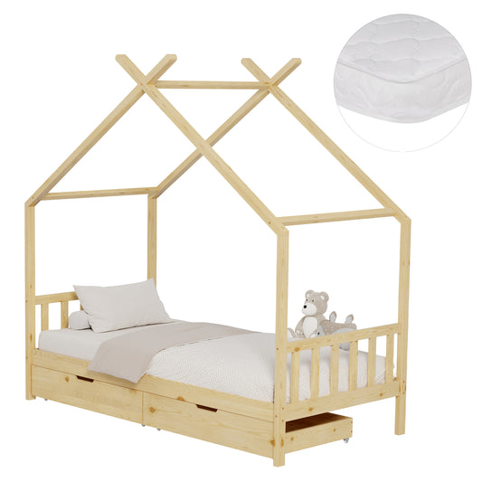 Bed With Mattress Klarice Hm21305 Pine Wood In Natural Wood Color--mattress 90x190cm