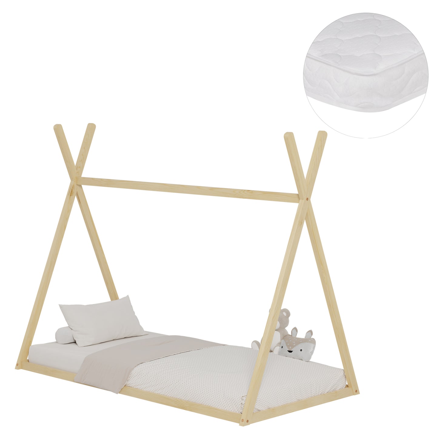 Bed With Mattress Munk Hm21306 Pine Wood In Natural Wood Color--mattress 90x190cm