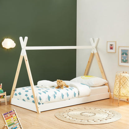 Bed With Mattress Munk Hm21308 Pine Wood In Natural & White--mattress 90x190cm