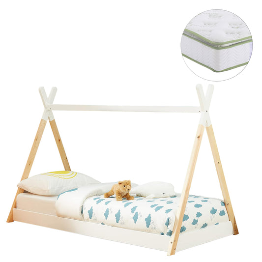 Bed With Mattress Munk Hm21308 Pine Wood In Natural & White--mattress 90x190cm