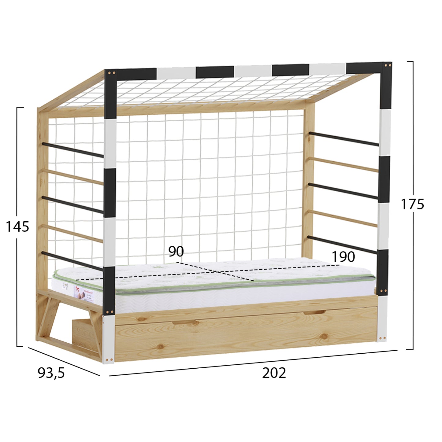 Bed With Mattress Goalie Hm21309 Pine Wood In Natural-white-black--mattress 90x190cm