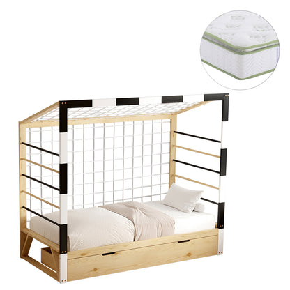 Bed With Mattress Goalie Hm21309 Pine Wood In Natural-white-black--mattress 90x190cm