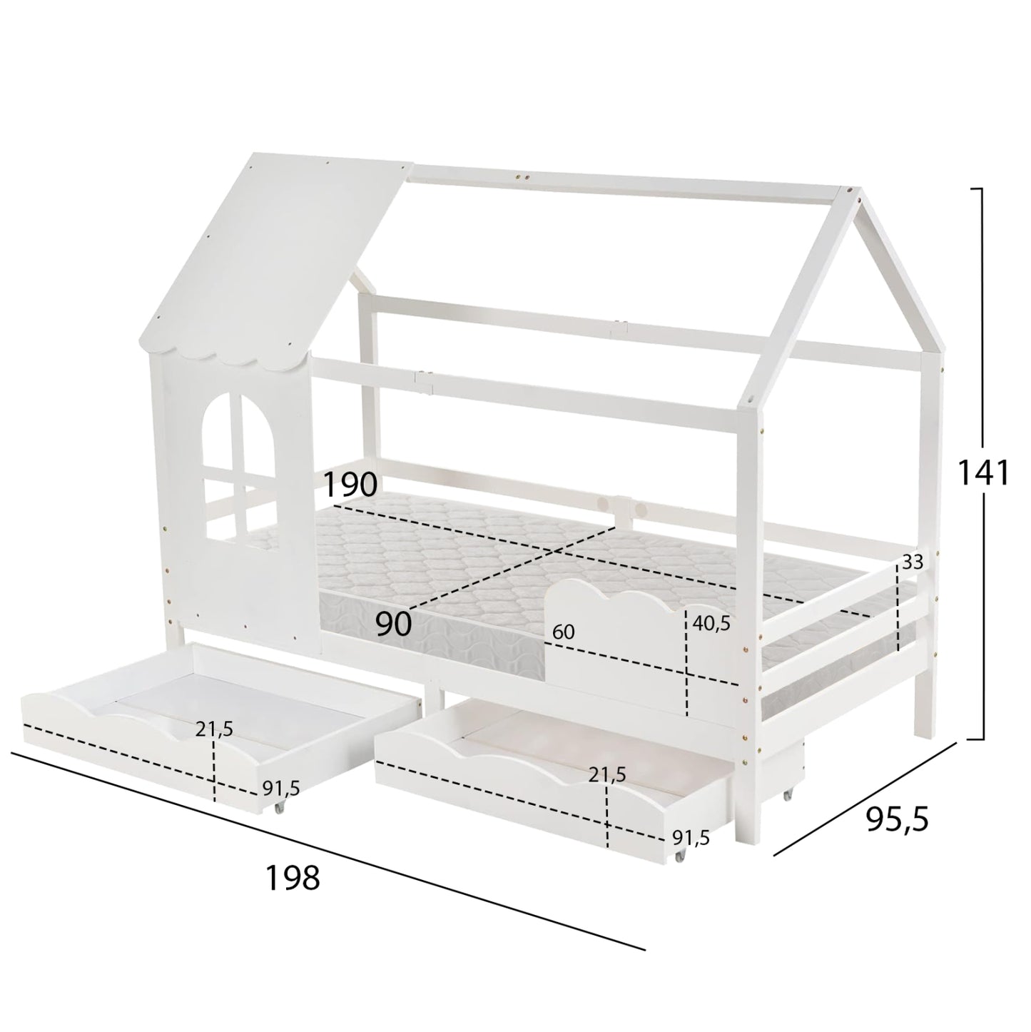 Bed With Mattress Domer Hm21319 Pine Wood In White--mattress 90x190cm