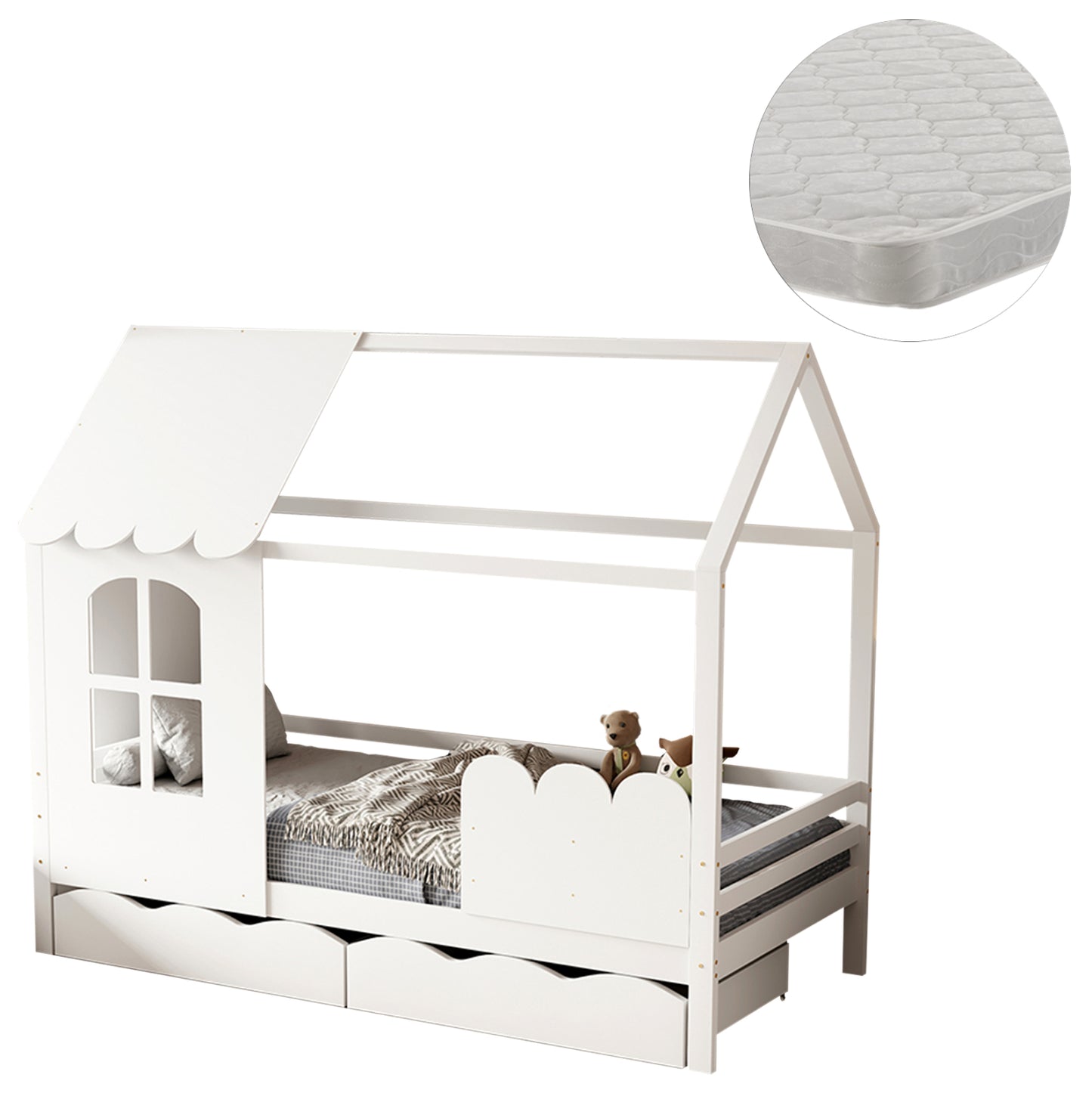 Bed With Mattress Domer Hm21319 Pine Wood In White--mattress 90x190cm