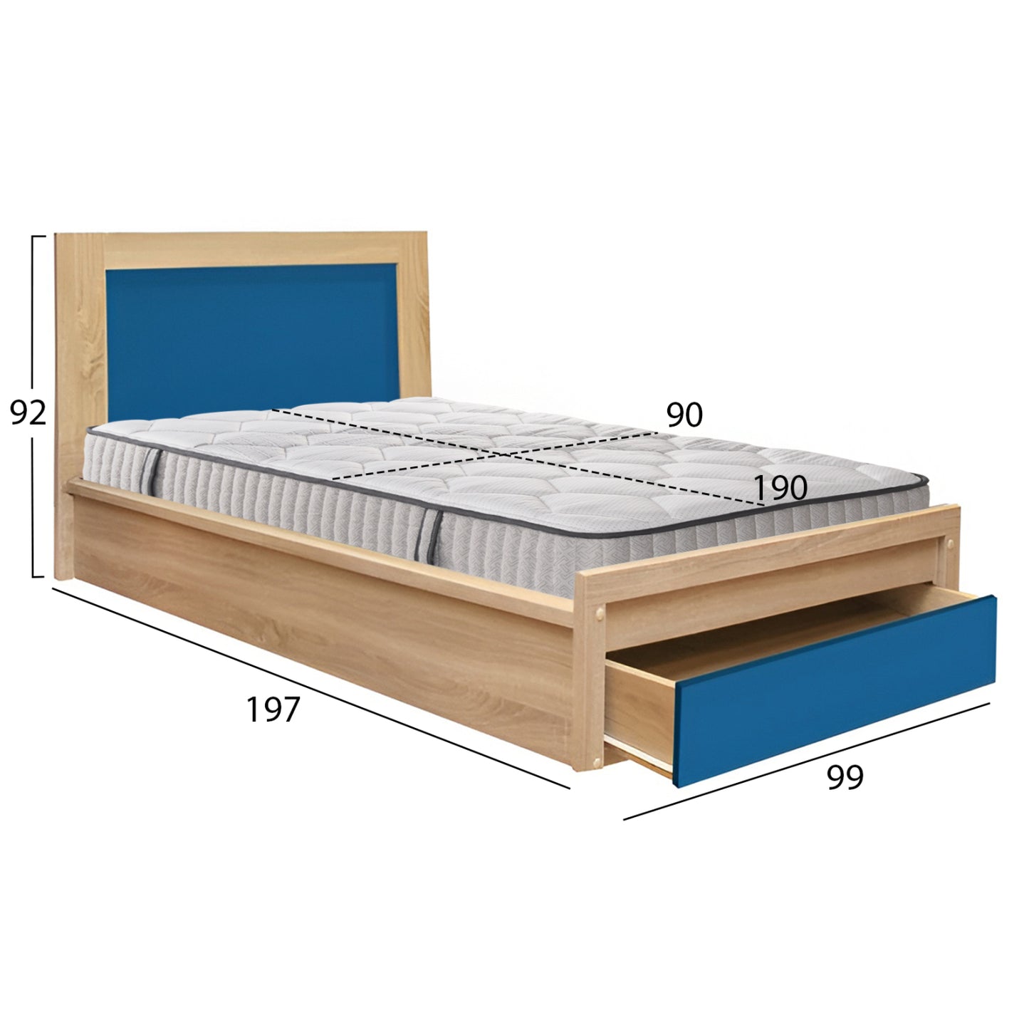 Kids' Bed With Drawer Playroom Hm10752.01 Melamine In Sonama/blue--with Mattress 90x190cm