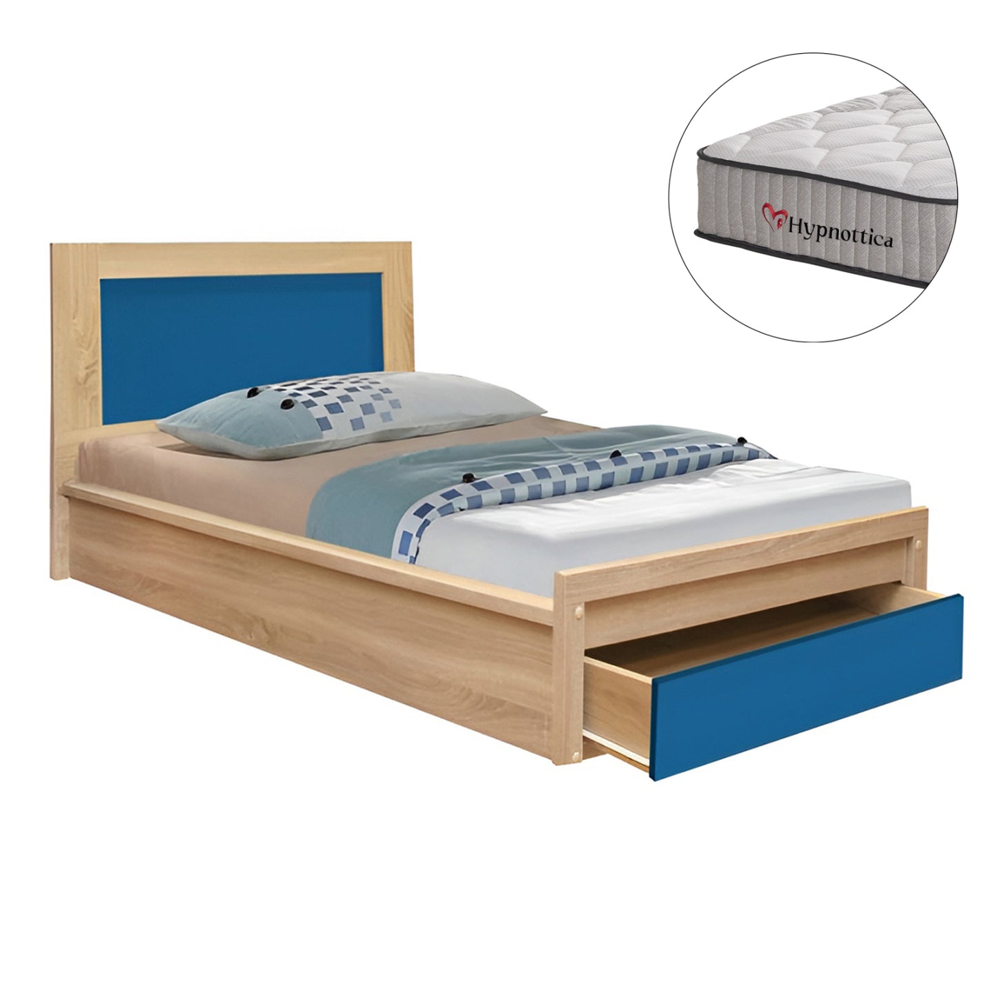 Kids' Bed With Drawer Playroom Hm10752.01 Melamine In Sonama/blue--with Mattress 90x190cm