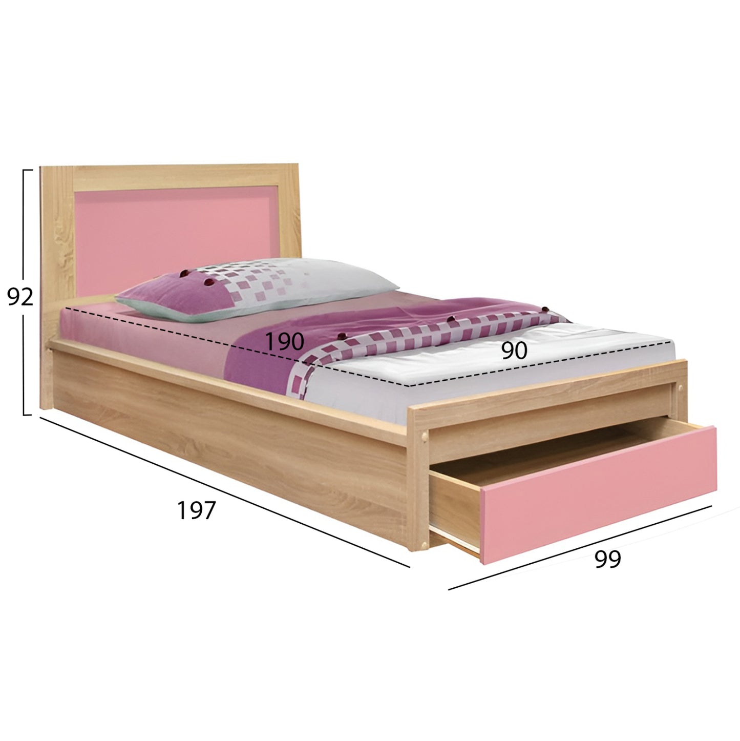 Kids' Bed With Drawer Playroom Hm10752.02 Melamine In Sonama/pink--with Mattress 90x190cm