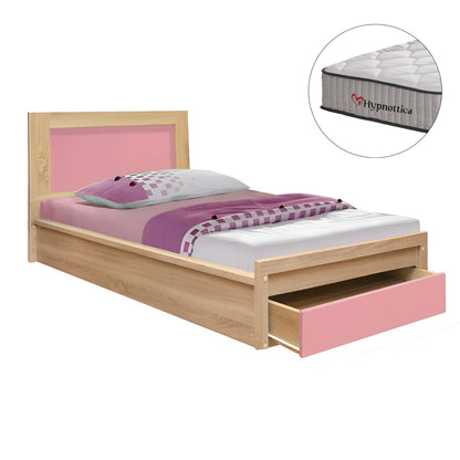 Kids' Bed With Drawer Playroom Hm10752.02 Melamine In Sonama/pink--with Mattress 90x190cm