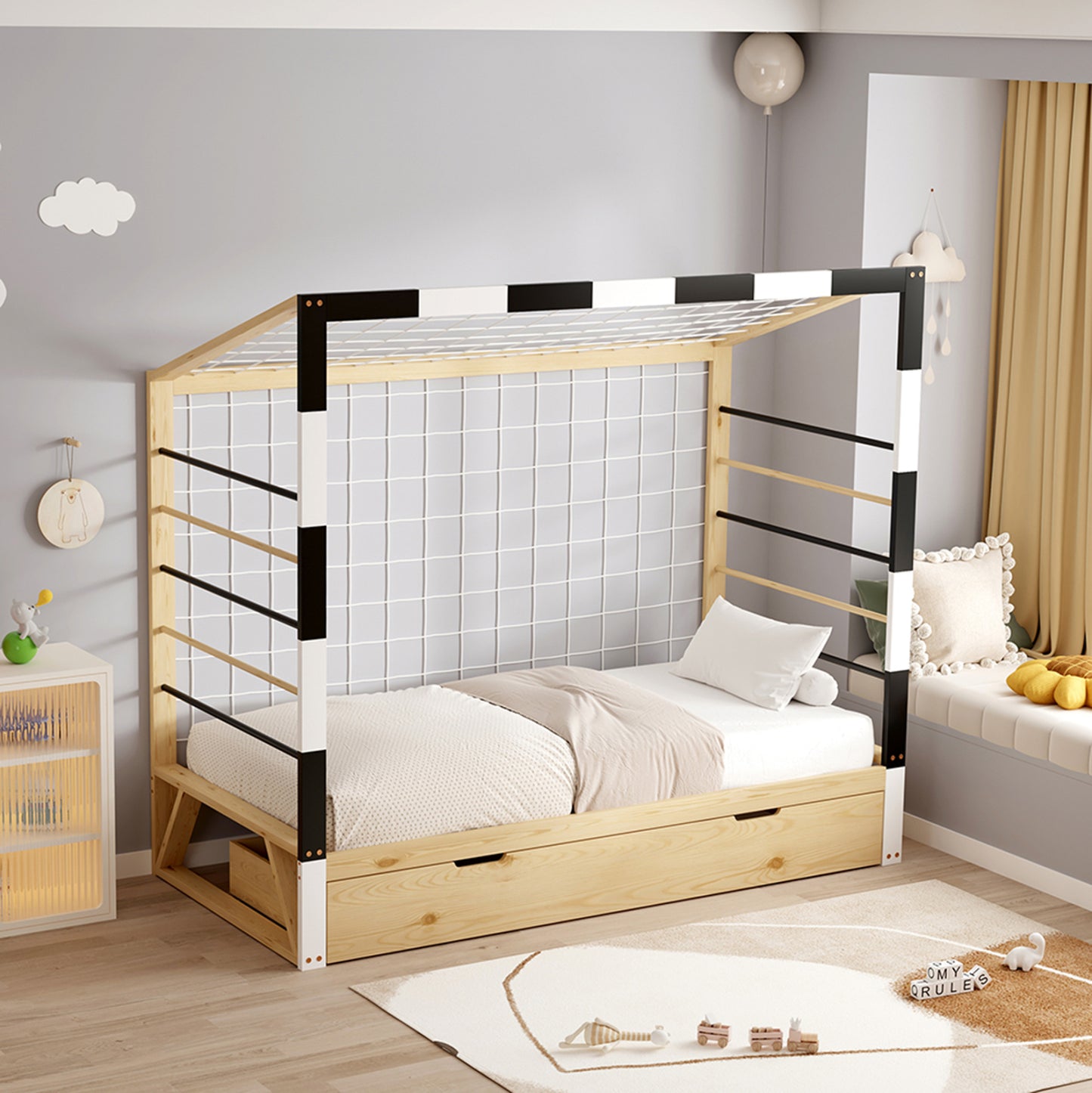 Bed For Kids T.montessori With Storage Space Goalie Hm700 Pine Wood In Natural-white-black For Mattress 190x90cm.
