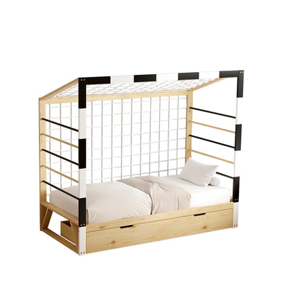 Bed For Kids T.montessori With Storage Space Goalie Hm700 Pine Wood In Natural-white-black For Mattress 190x90cm.