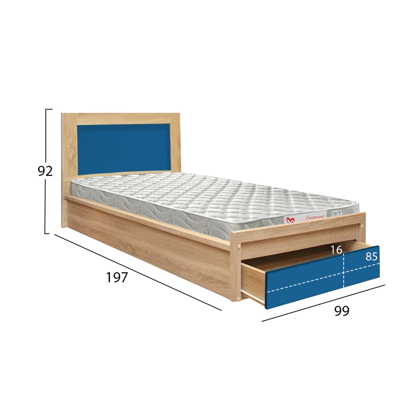 Kids' Bed With Drawer Playroom Hm21326 Melamine In Sonama/blue--with Mattress 90x190cm