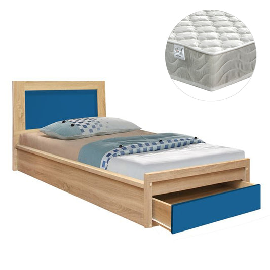 Kids' Bed With Drawer Playroom Hm21326 Melamine In Sonama/blue--with Mattress 90x190cm