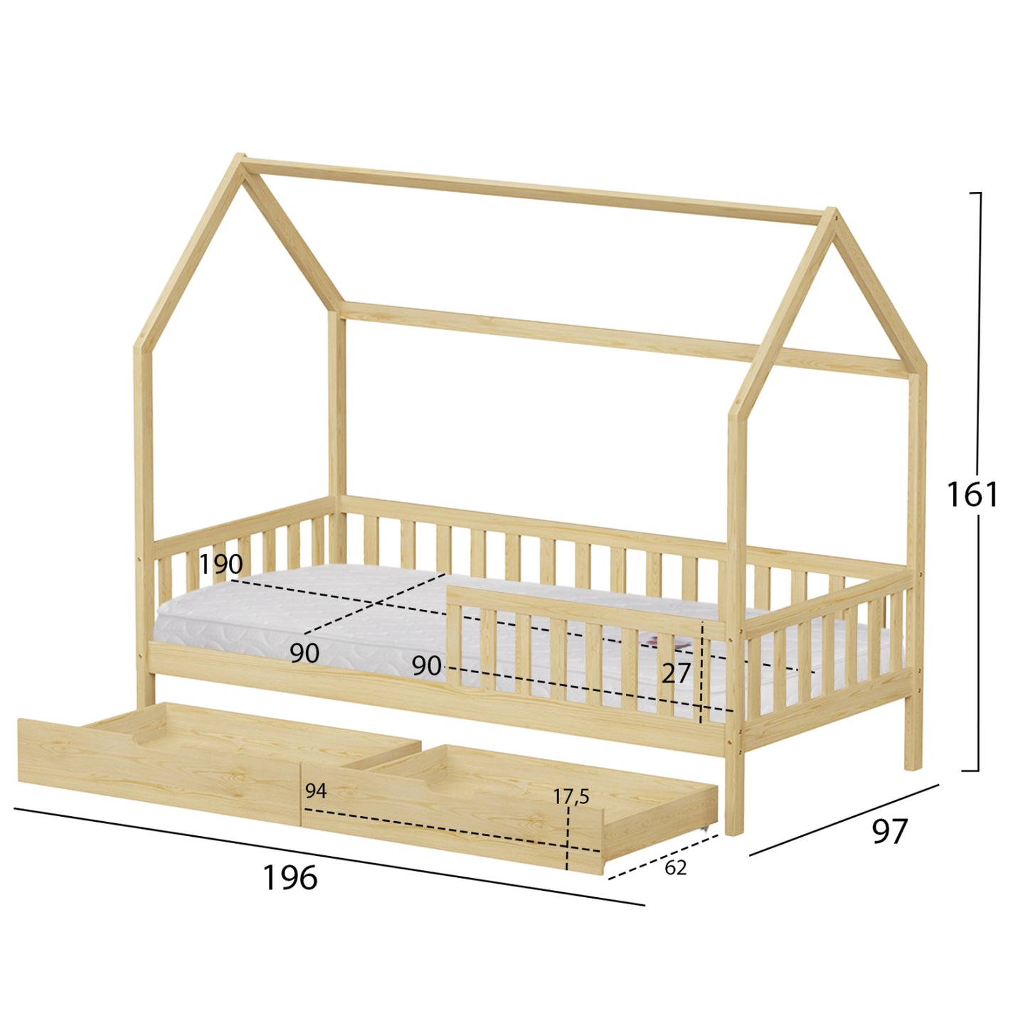 Bed With Drawers Phyllis Hm21324 Pine Wood In Natural Wood Color--with Mattress 90x190cm